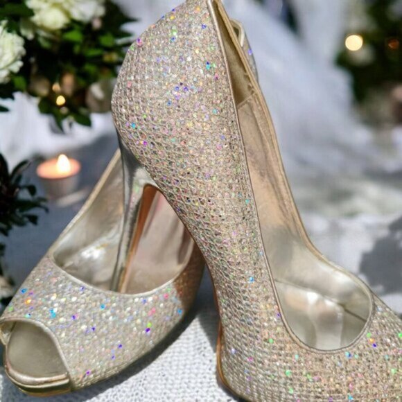 Silver Glitter Heels ✦ Deb Peep-Toe Stilettos ✦ Formal 4” High Heel Size 7 EUC - Picture 9 of 14